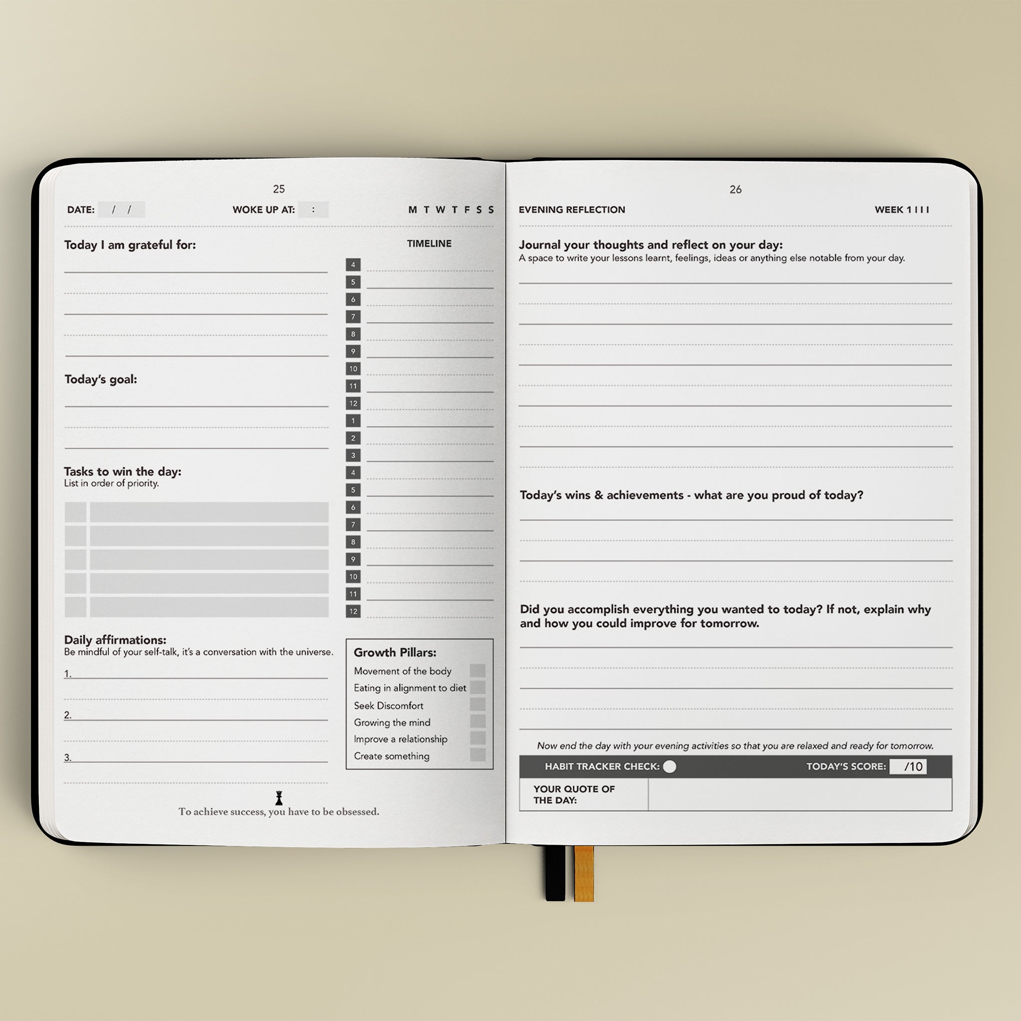 Open planner with daily reflection and goal-setting sections on a beige background